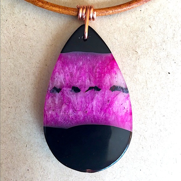 NEW Polished Agate Stone Pendant Copper Wire Wrap 16" Boho Choker Necklace - Picture 4 of 11
